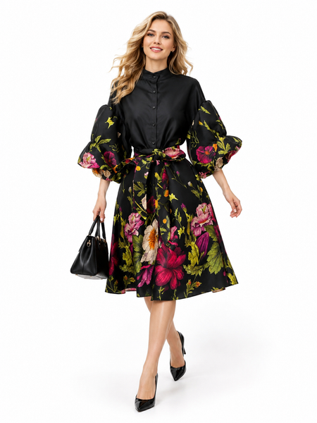 A96228 FLORAL PUFF SLEEVE BELTED MINI DRESS