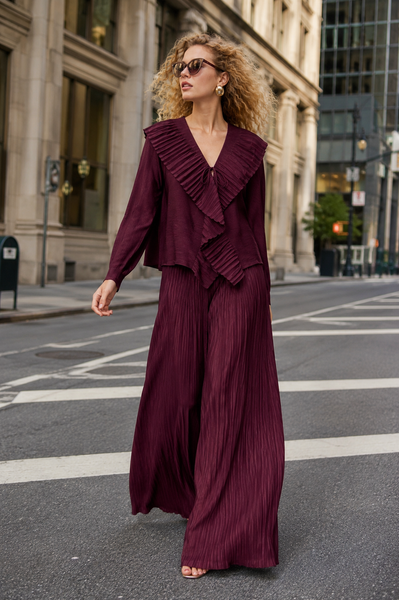 NY0087 CASCADE RUFFLE CRINKLED PANTS SET (WINE, WHT)