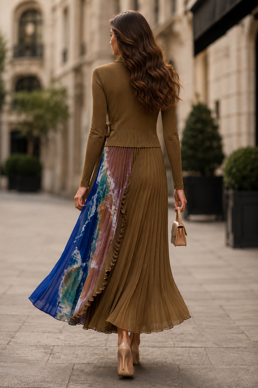 NY0045 ABSTRACT PRINT PLEATED WRAP MAXI DRESS