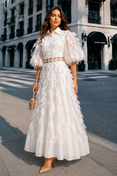 C3175 LUXE FEATHER-LEAF ORGANZA MAXI DRESS (WHT, BLK)