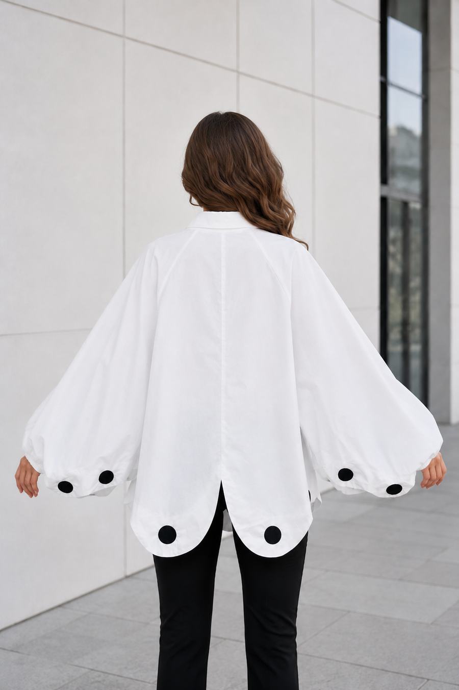 C3176 POLKA DOT SCALLOPED HEM OVERSIZED TOP