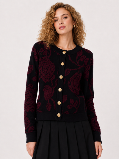 AV001 KNIT ROSE PRINT CARDIGAN (GRN, WINE)