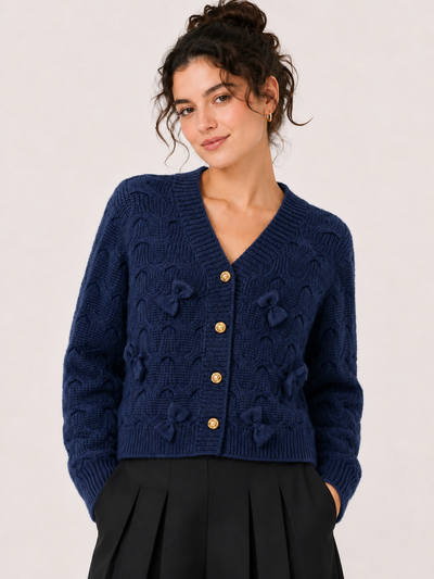 SGR598 FLORAL APPLIQUE BUTTON DOWN CARDIGAN SWEATER (BLU, PNK, NAVY)