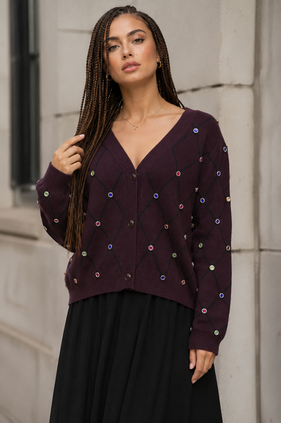 XC3075 GEMSTONE CARDIGAN  SWEATER (GRN, WINE)