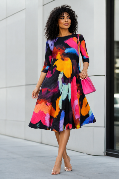 N2639 BOLD BRUSHSTROKE CRINKLE MIDI DRESS