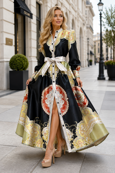TL0018 BAROQUE MANDARIN COLLAR MIKADO MAXI DRESS