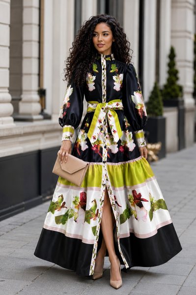 TL0019 HERITAGE FLORAL BORDER PRINT MIKADO MAXI DRESS