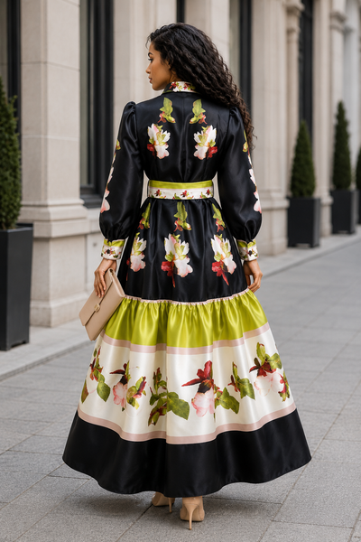 TL0019 HERITAGE FLORAL BORDER-PRINT MIKADO MAXI DRESS