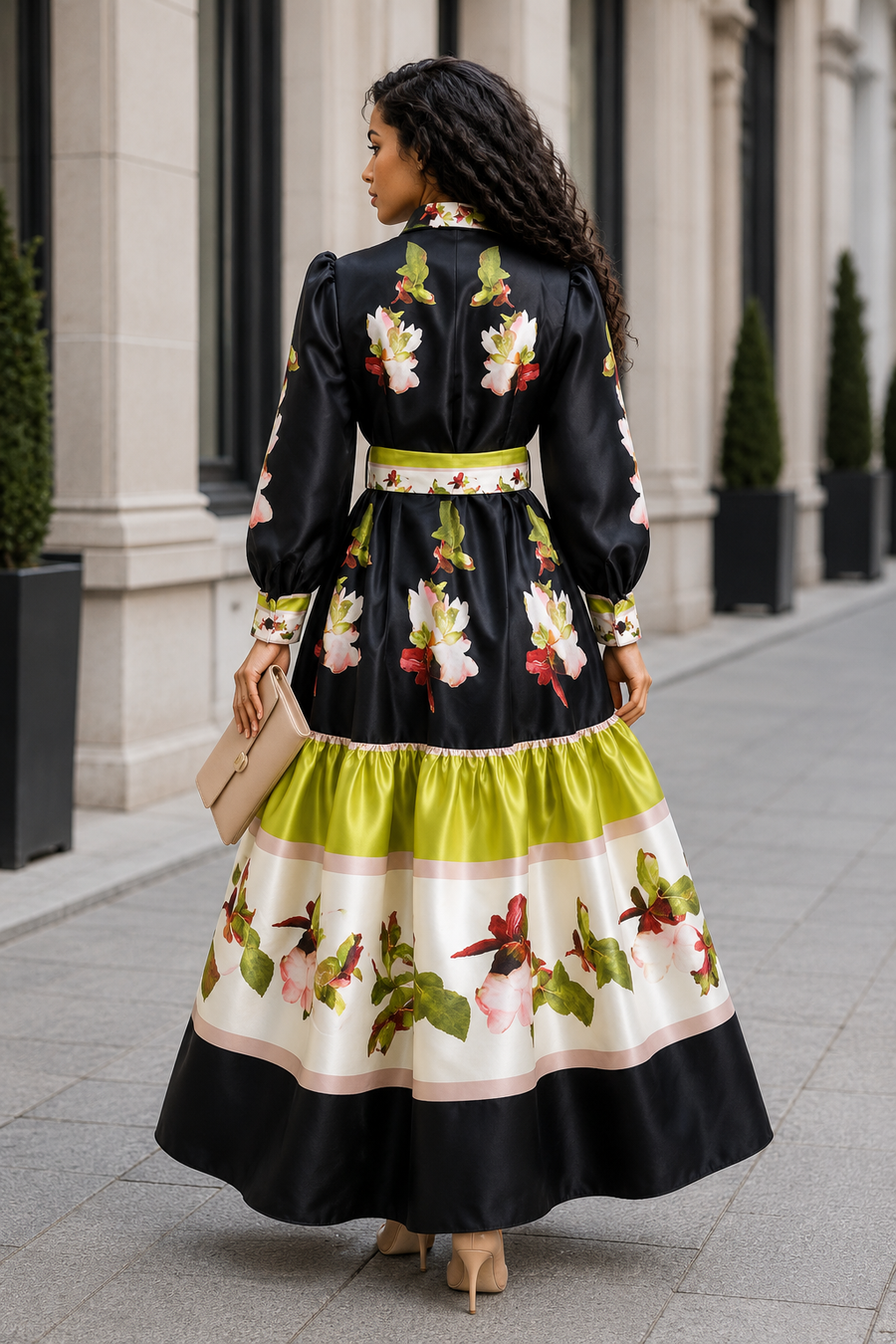 TL0019 HERITAGE FLORAL BORDER-PRINT MIKADO MAXI DRESS
