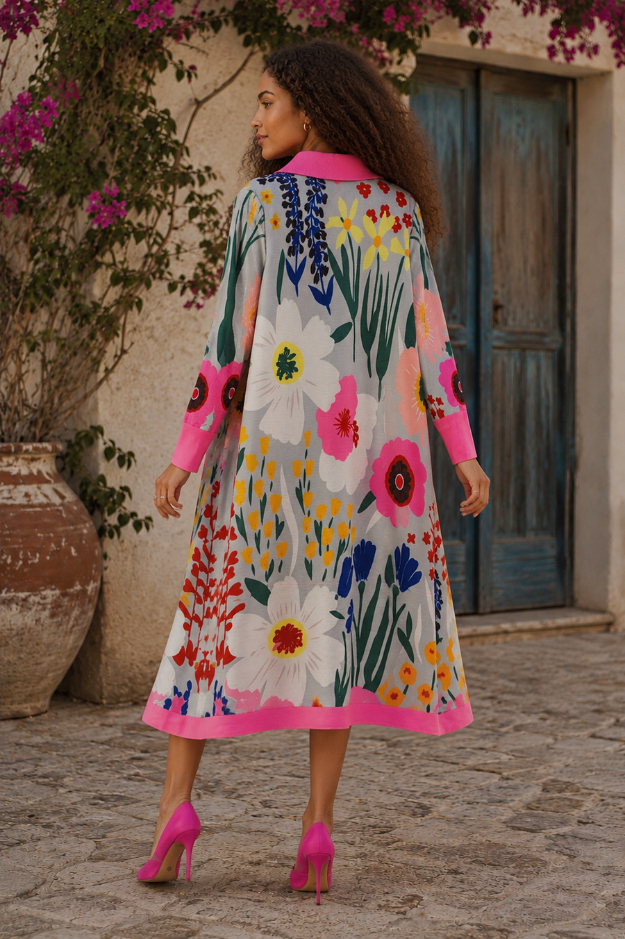 N2644 BUTTON DOWN FLORAL CRINKLE MIDI DRESS