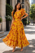 C3700 RUFFLE SLEEVE TIERED SUNSET MAXI DRESS
