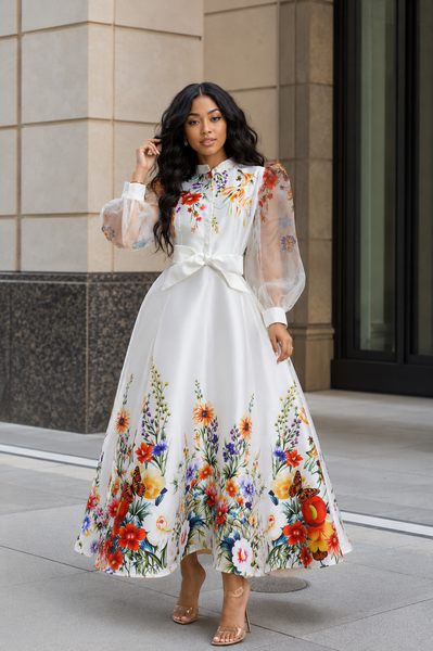 CH901 BOTANICAL GARDEN SHEER SLEEVE MAXI DRESS