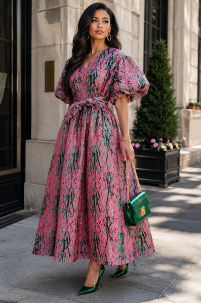 CH898 TEXTURED BROCADE PUFF SLEEVE MAXI DRESS