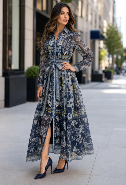 GF1486B VINTAGE PRINT BUTTONDOWN MAXI DRESS