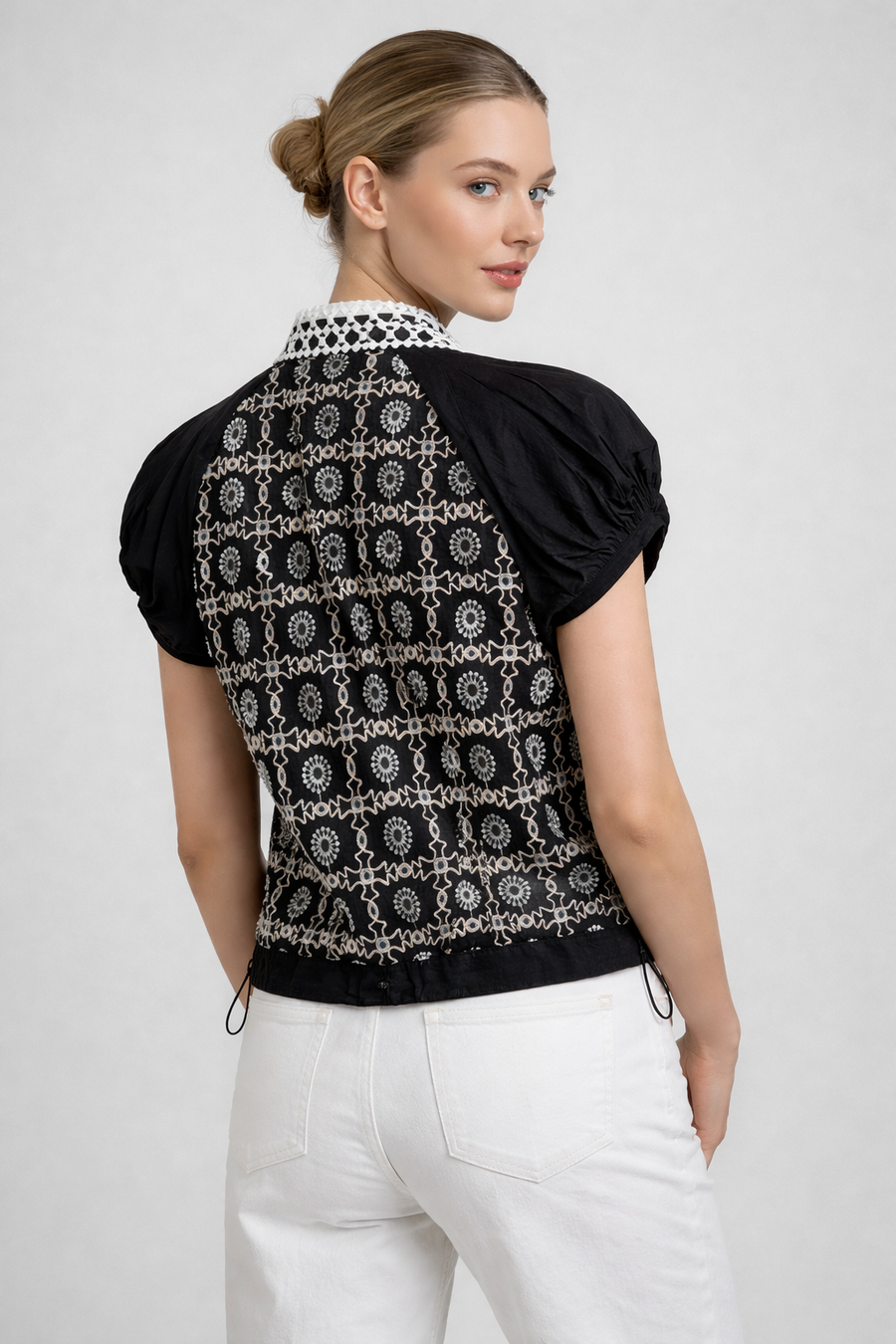 W5972 EMBROIDERED EYELET DRAWSTRING TOP