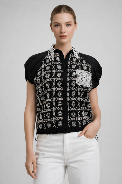 W5972 EMBROIDERED EYELET DRAWSTRING TOP