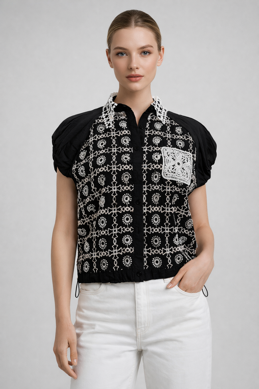 W5972 EMBROIDERED EYELET DRAWSTRING TOP