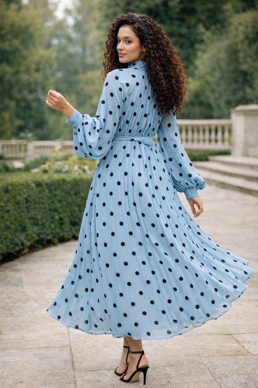 C3535 POLKA DOT PLEATED MAXI DRESS