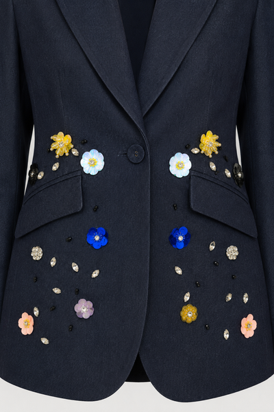 T25030A CHIC FLOWER APPLIQUE DENIM BLAZER
