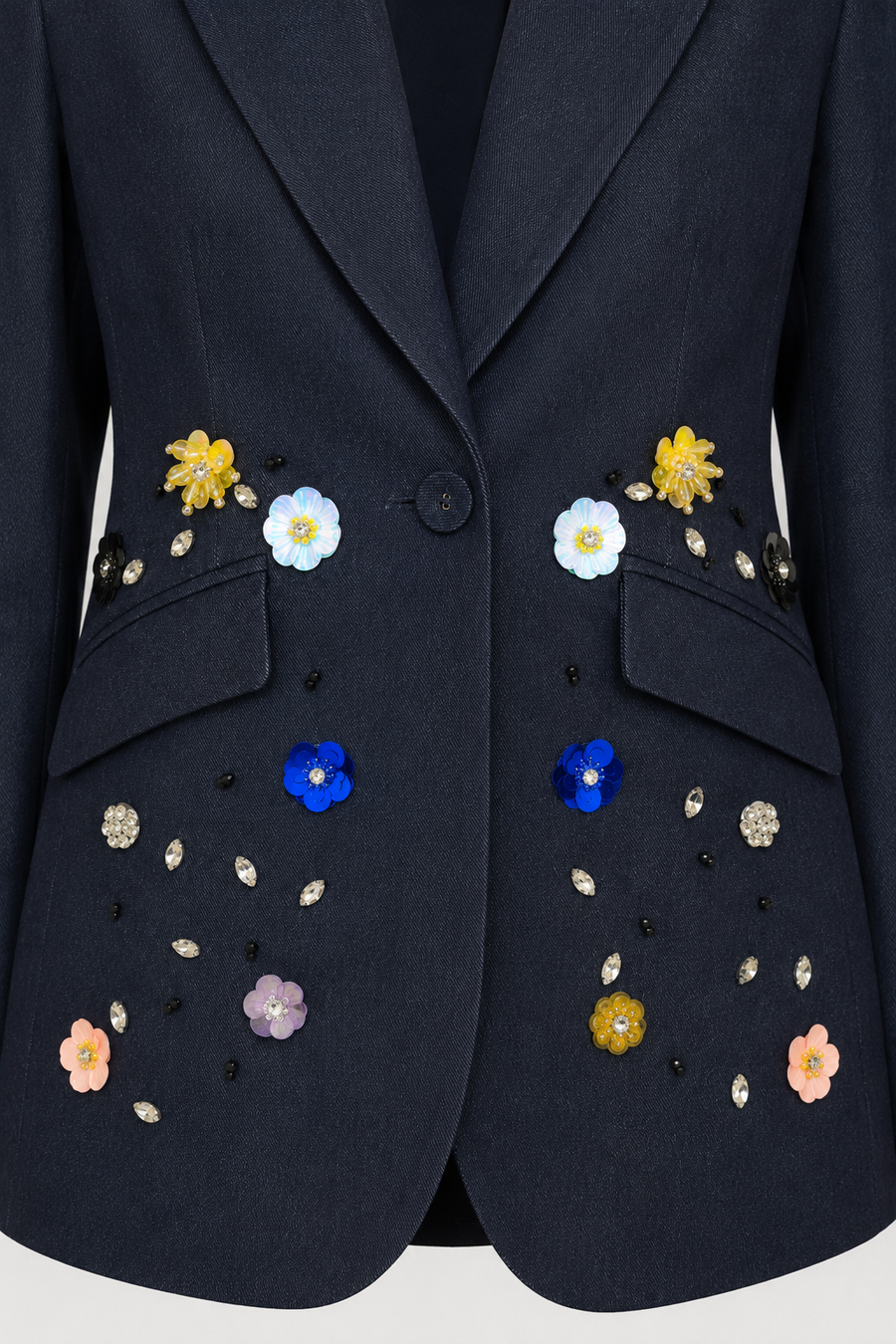 T25030A CHIC FLOWER APPLIQUE DENIM BLAZER