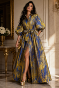 A95130 BROCADE PUFF SLEEVE MAXI DRESS (PNK/GRN, YLW)
