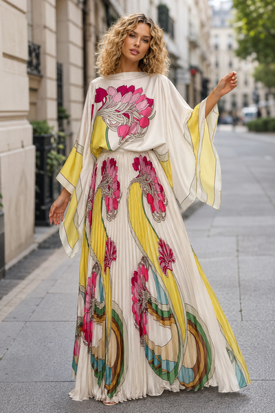 GF16241AB KIMONO-SLEEVE SATIN TOP & PLEATED SKIRT SET