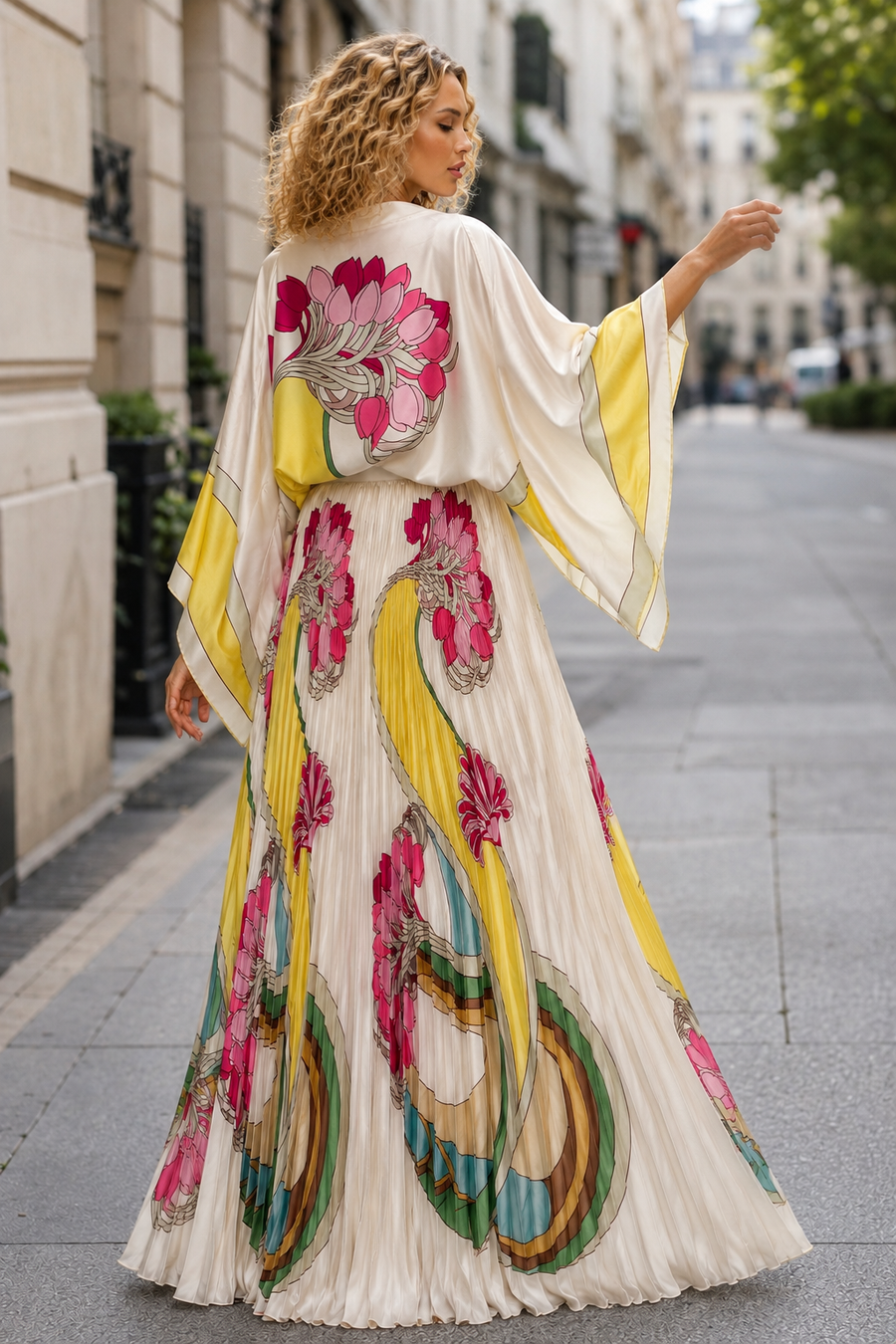 GF16241AB KIMONO-SLEEVE SATIN TOP & PLEATED SKIRT SET