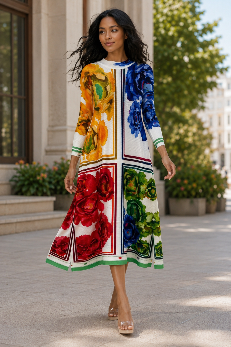 N2646 FLORAL COLORBLOCK MIDI CRINKLE DRESS