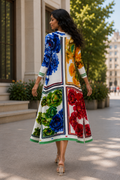 N2646 FLORAL COLORBLOCK MIDI CRINKLE DRESS