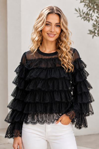 W6606 RUFFLED LAYERED LACE LONGSLEEVE TOP (BLK, WHT)