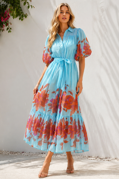 CH885 FLORAL PRINT BUTTON-FRONT ORGANZA MAXI DRESS