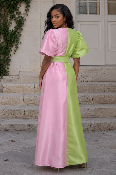 TL0030 2-TONE APPLIQUE MIKADO MAXI DRESS