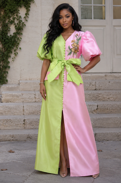 TL0030 TWO-TONE APPLIQUE MIKADO MAXI DRESS