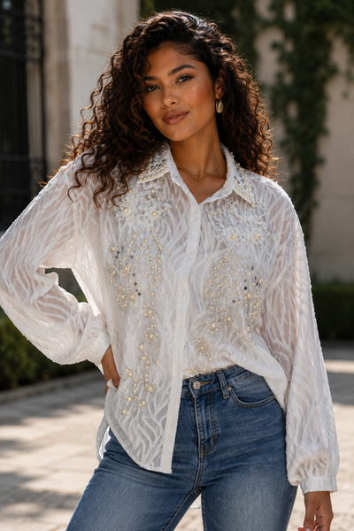 GF17818 PEARL AND SEQUIN ADORNED LONG SLEEVE LACE TOP
