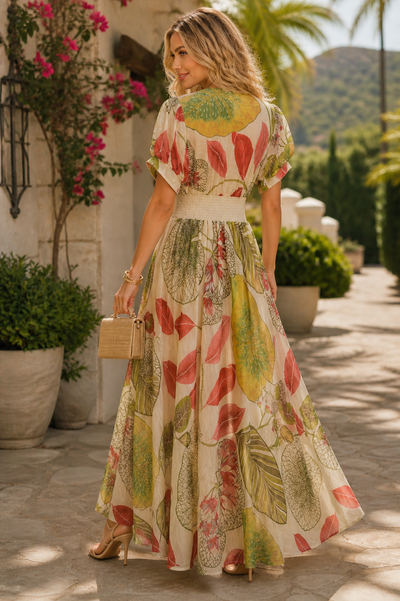 S3136 BOTANICAL BREEZE SMOCKED WAIST MAXI DRESS
