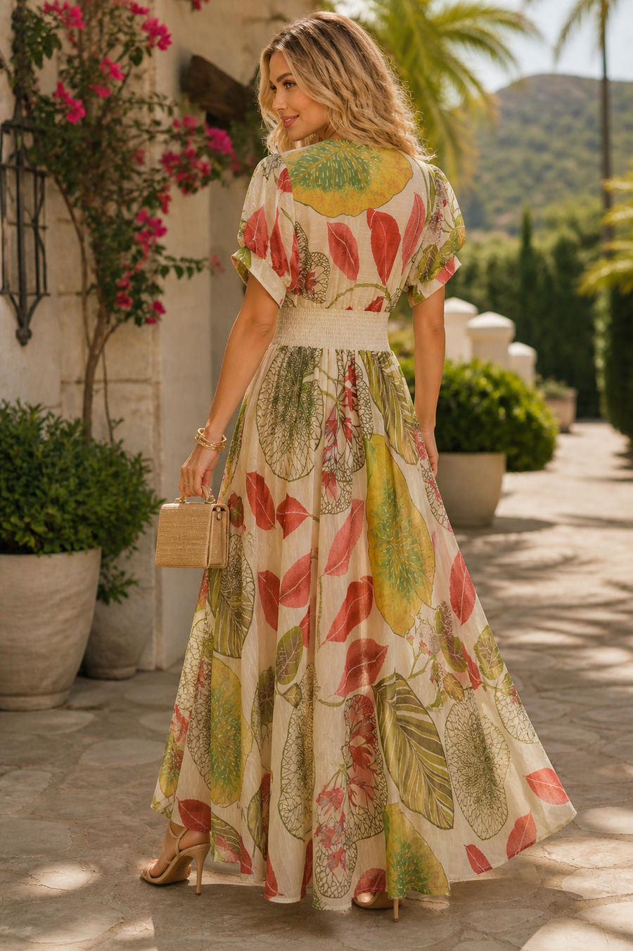 S3136 BOTANICAL BREEZE SMOCKED WAIST MAXI DRESS