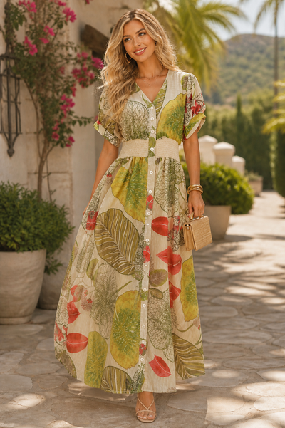 S3136 BOTANICAL BREEZE SMOCKED WAIST MAXI DRESS