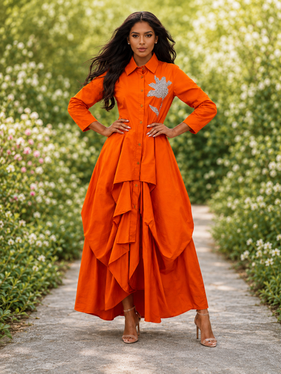 S3135 CASCADE DRAPE APPLIQUE MAXI DRESS