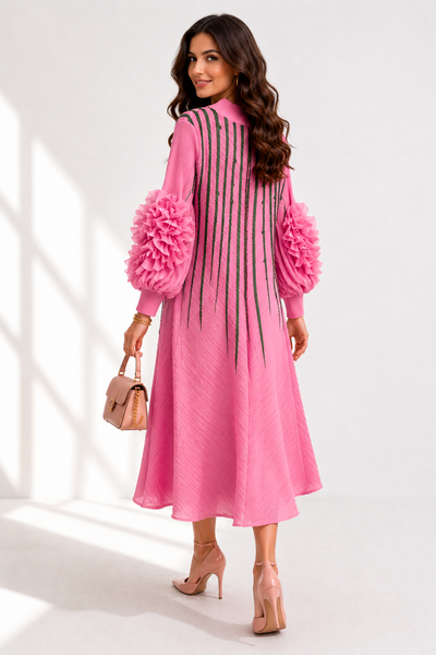 NY0062 RUFFLE SLEEVE STRIPE ART CRINKLE DRESS (PNK, YLW)