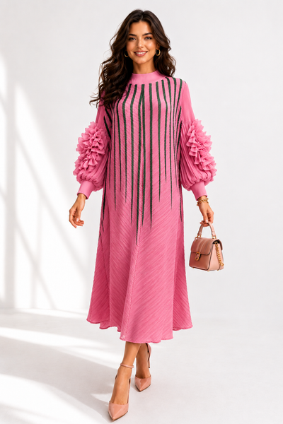 NY0062 RUFFLE SLEEVE STRIPE ART CRINKLE DRESS (PNK, YLW)