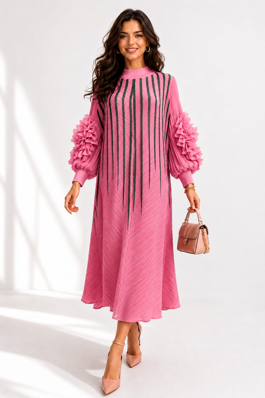 NY0062 RUFFLE SLEEVE STRIPE ART CRINKLE DRESS (PNK, YLW)