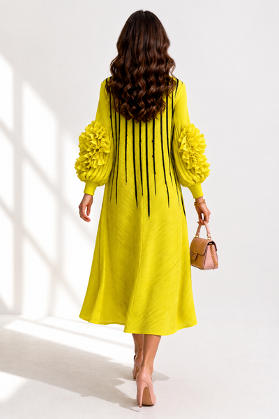 NY0062 RUFFLE SLEEVE STRIPE ART CRINKLE DRESS (PNK, YLW)