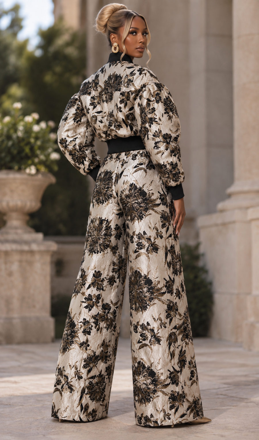 CH815 / B1079 METALLIC FLORAL BROCADE BOMBER JACKET / PANT SET