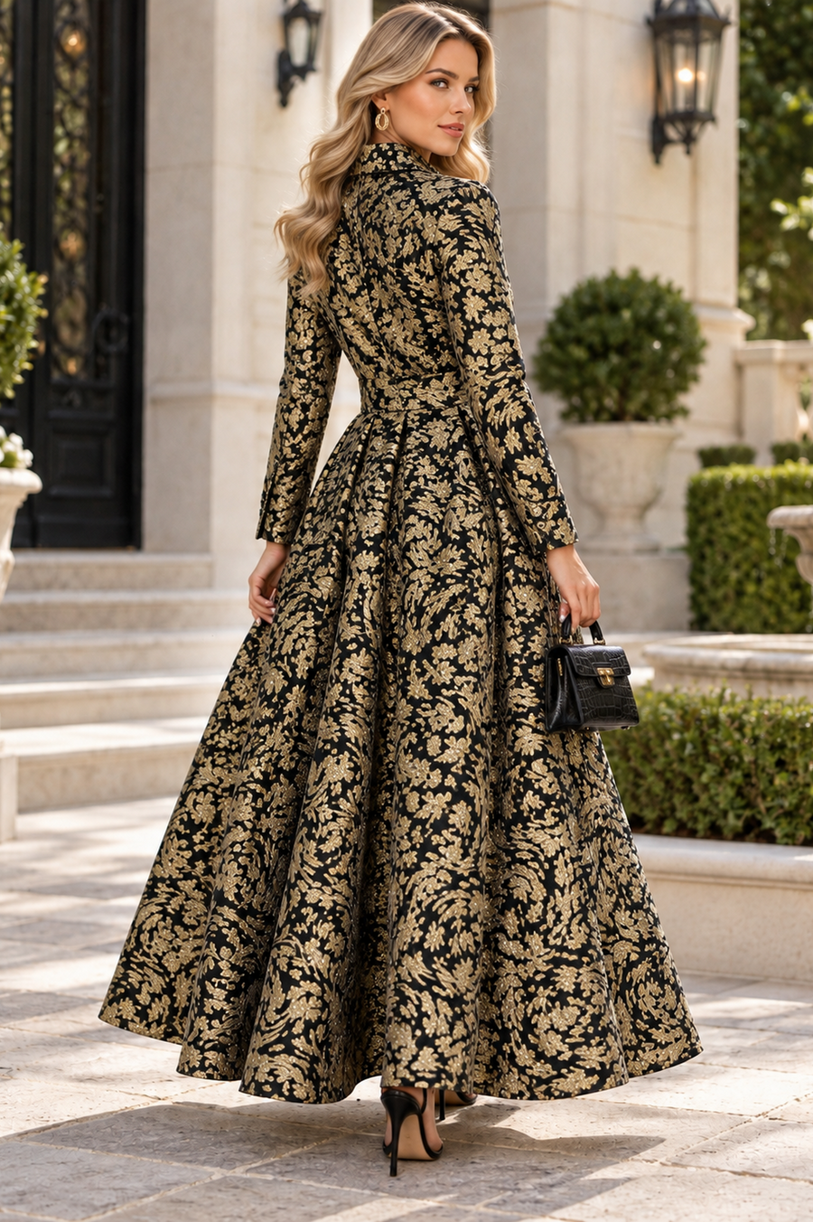 GF17972 FLORAL BROCADE BUTTON DOWN MAXI DRESS