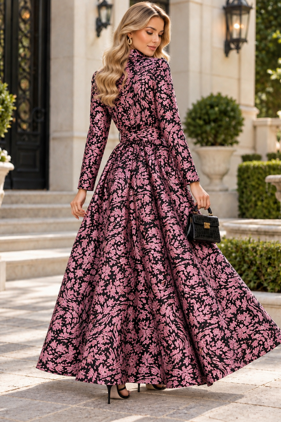 GF17960 FLORAL BROCADE BUTTON DOWN MAXI DRESS