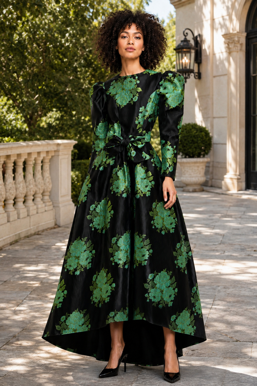 T26021 FLORAL BROCADE HI-LOW MAXI DRESS