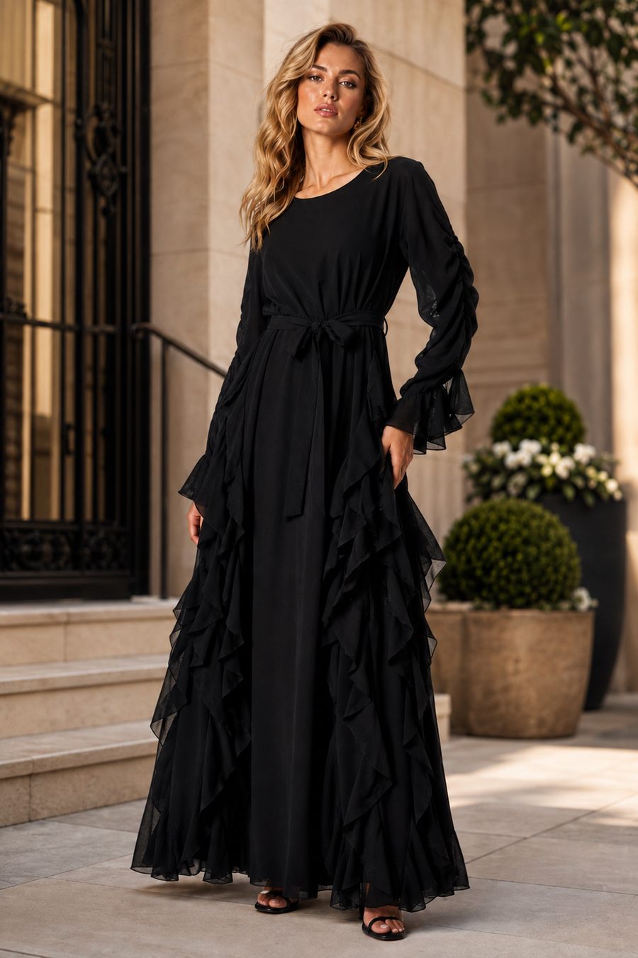 C3173 RUFFLE-TRIM BELTED MAXI DRESS