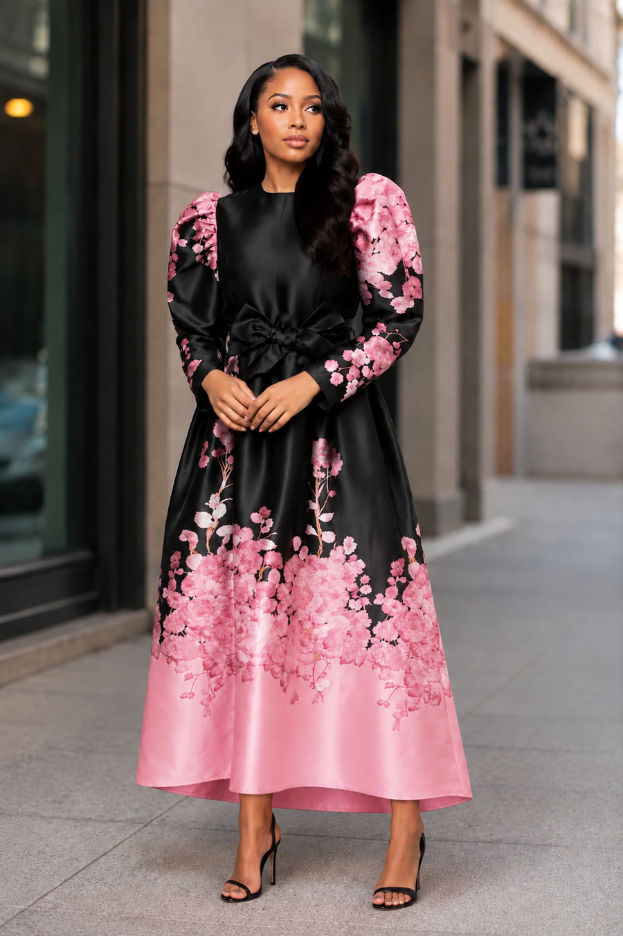T26009 MIDNIGHT BLOSSOM TIE-WAIST MAXI DRESS