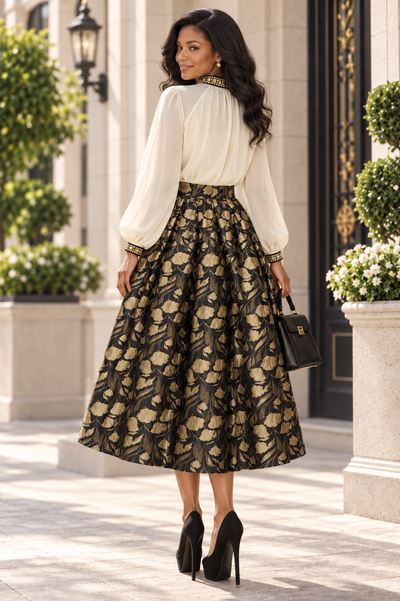CH807 FLORAL BROCADE PLEATED MIDI SKIRT