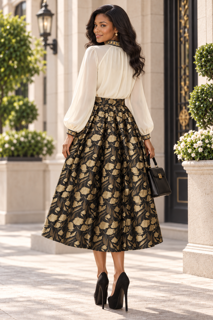 CH807 FLORAL BROCADE PLEATED MIDI SKIRT